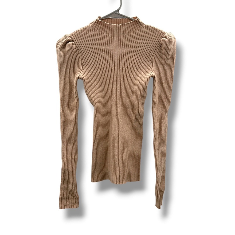 VICI Mock Neck Sweater Small Tan Ribbed Puff Shoulder Long Sleeve Knit Top